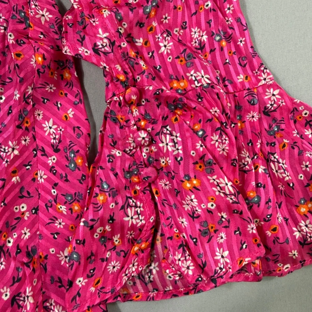 Free People Mini Dress Womens Size 6 Pink Floral Ruffle Flounce Sleeve OB1240766